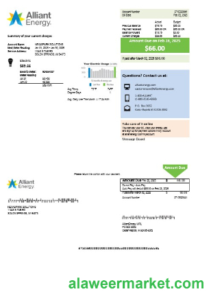 USA Wisconsin Alliant Energy electricity business utility bill template in Word and PDF formats